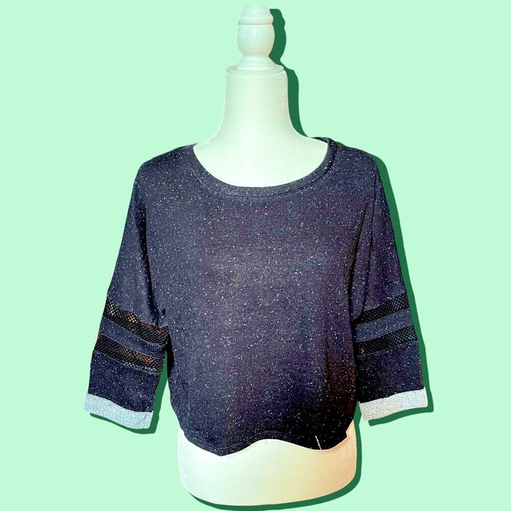 BLACK & SPECKLED GREY LONG SLEEVE CROP TOP WITH NETTED SLEEVES *BNWT*
